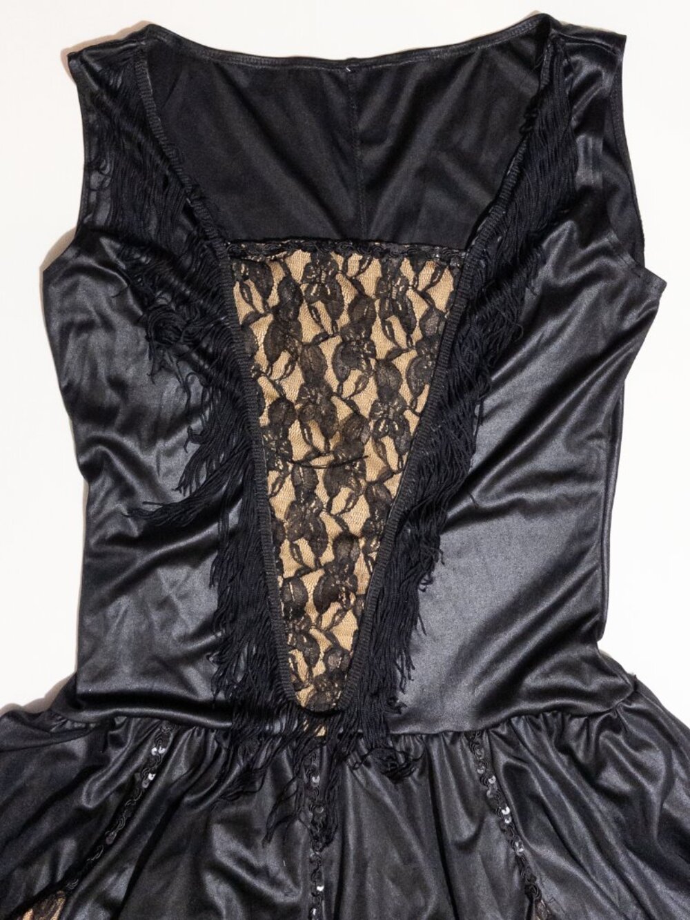 Vintage Black and Tan Fringe Dance Costume With Lace and Pleats - Picture 3 of 10